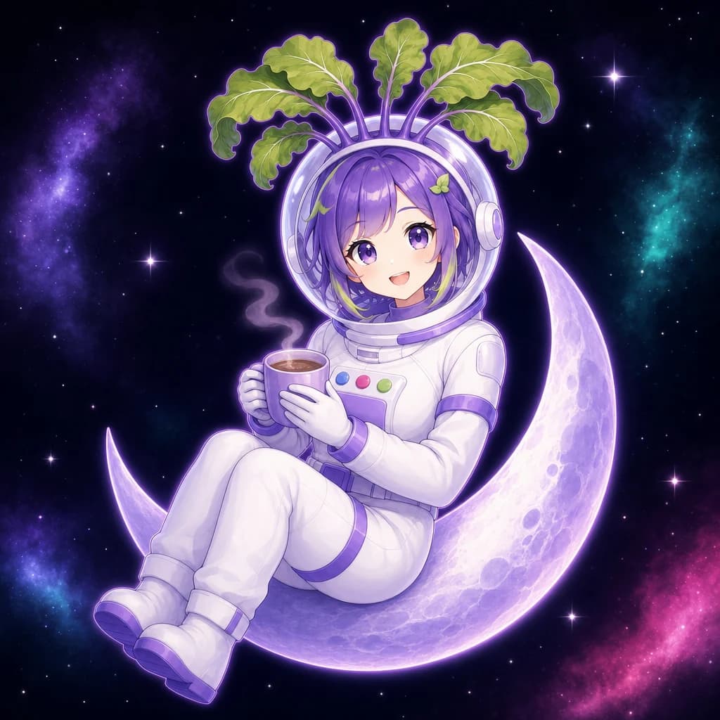 The Collabby astronaut sits cozy on a glowing crescent moon holding a warm mug of cocoa among the stars.
