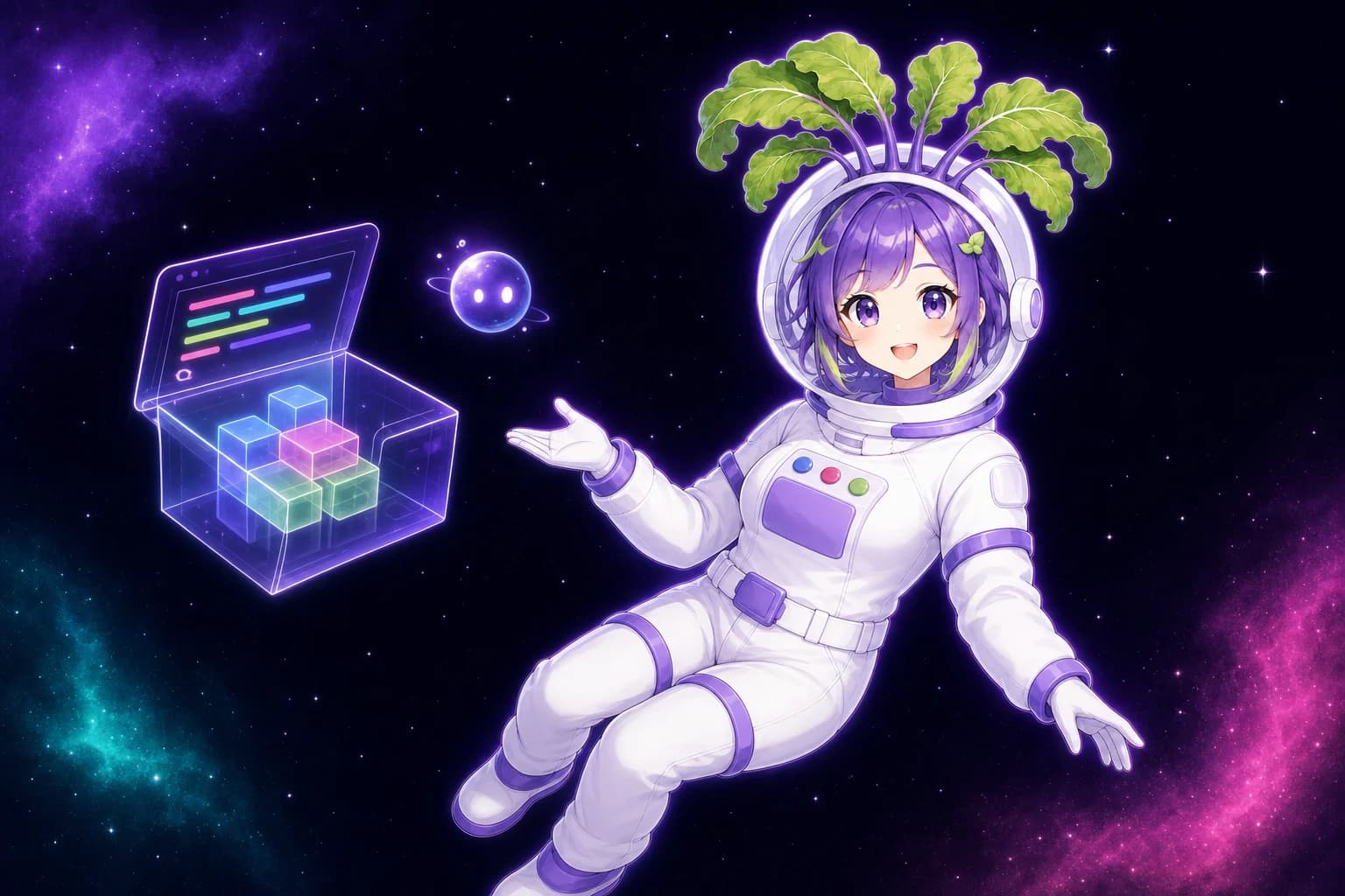 The Collabby kohlrabi astronaut floats beside a half-open holographic app, showing the tidy blocks and code inside it.
