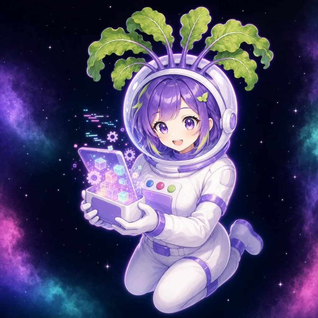 The astronaut peeks inside a glowing app held like an open box, watching blocks and code lift out.
