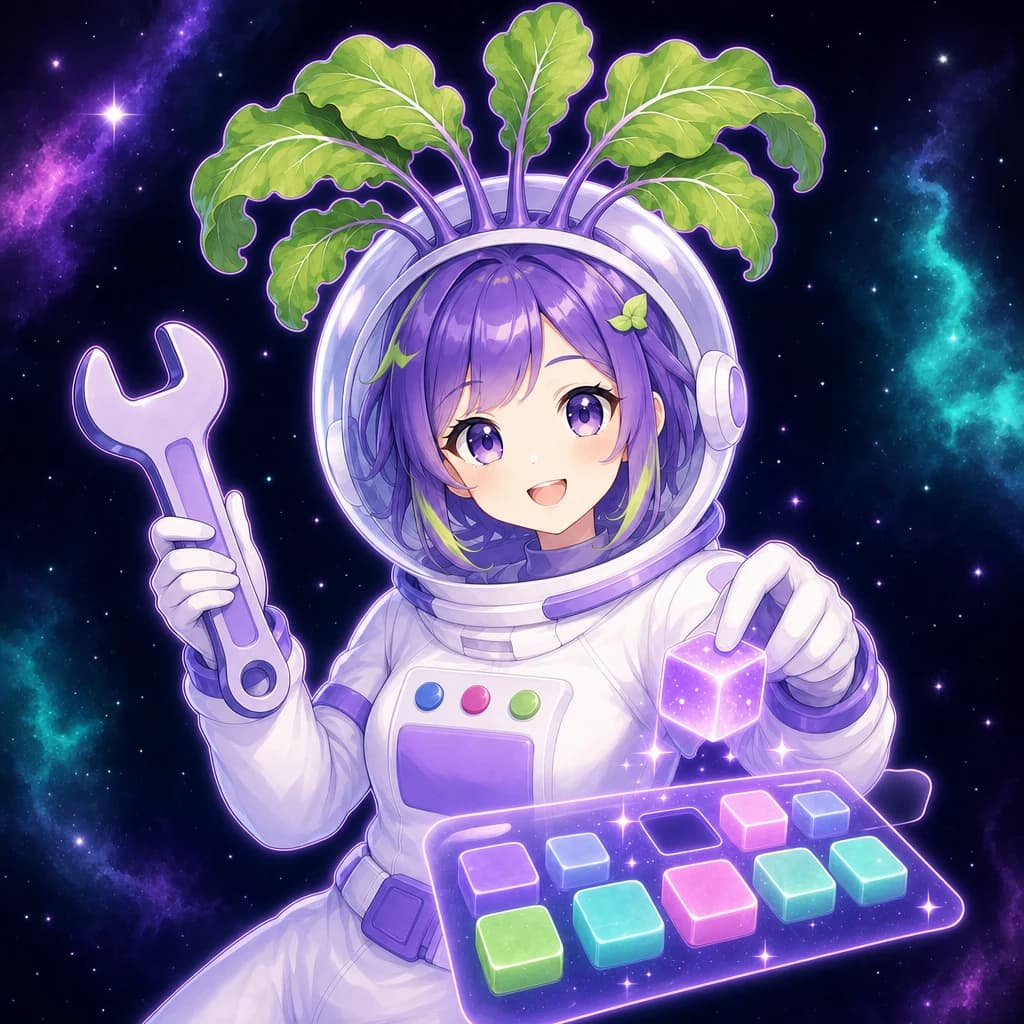The astronaut cheerfully swaps a glowing block in a floating app panel with an oversized cute wrench.