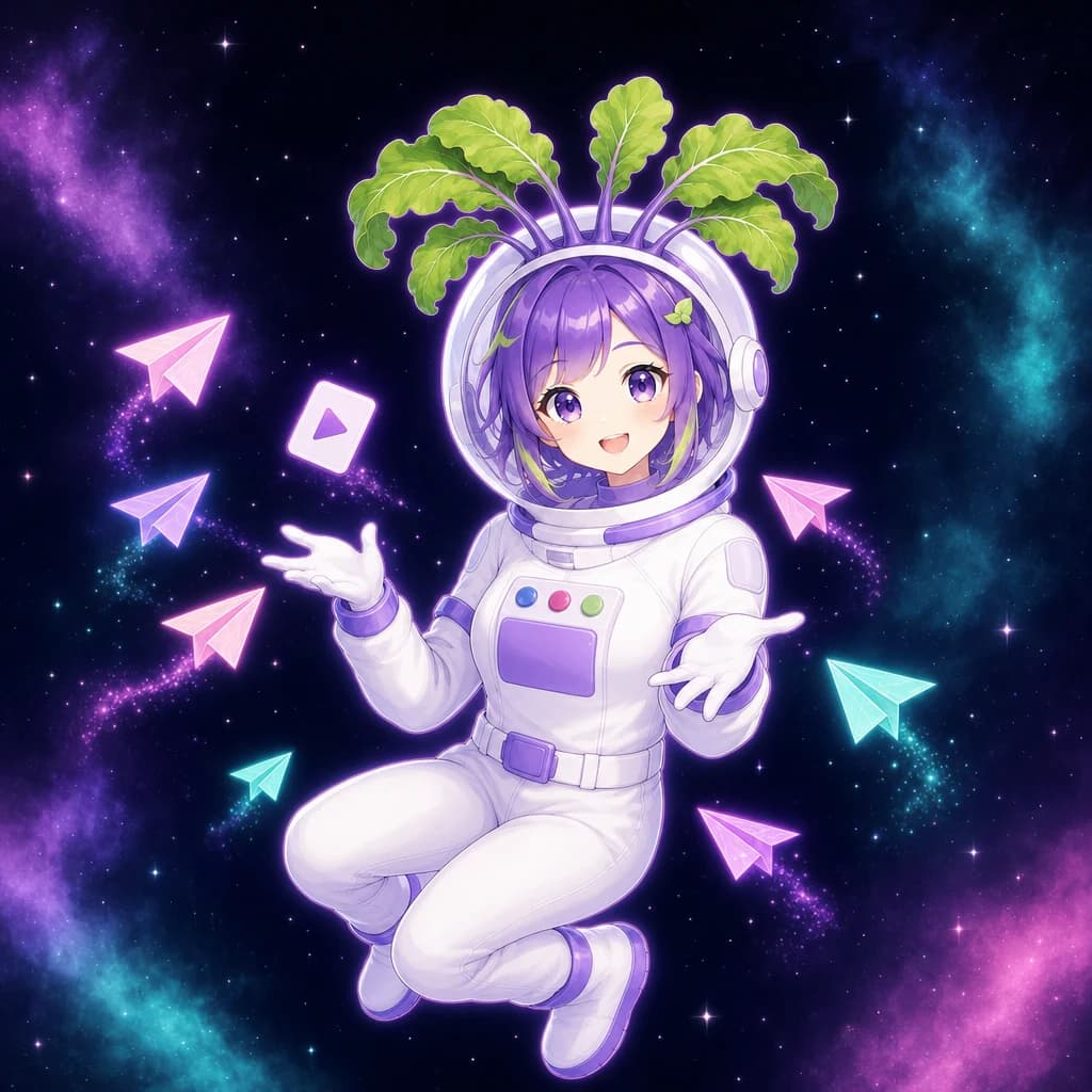 The astronaut laughs and releases little paper-airplane apps and a tiny video card that drift into the nebula.